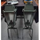 A PAIR OF FRENCH WROUGHT IRON EXTERNAL LANTERNS, with wall mounting brackets converted to