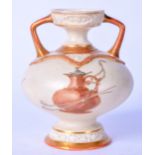 A ROYAL WORCESTER TWIN HANDLED BLUSH IVORY PORCELAIN VASE unusual y painted with precious objects