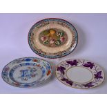 A 19TH CENTURY WEDGWOOD POTTERY DISH DECORATED WITH FLOWERS, together with a Masons dish and a