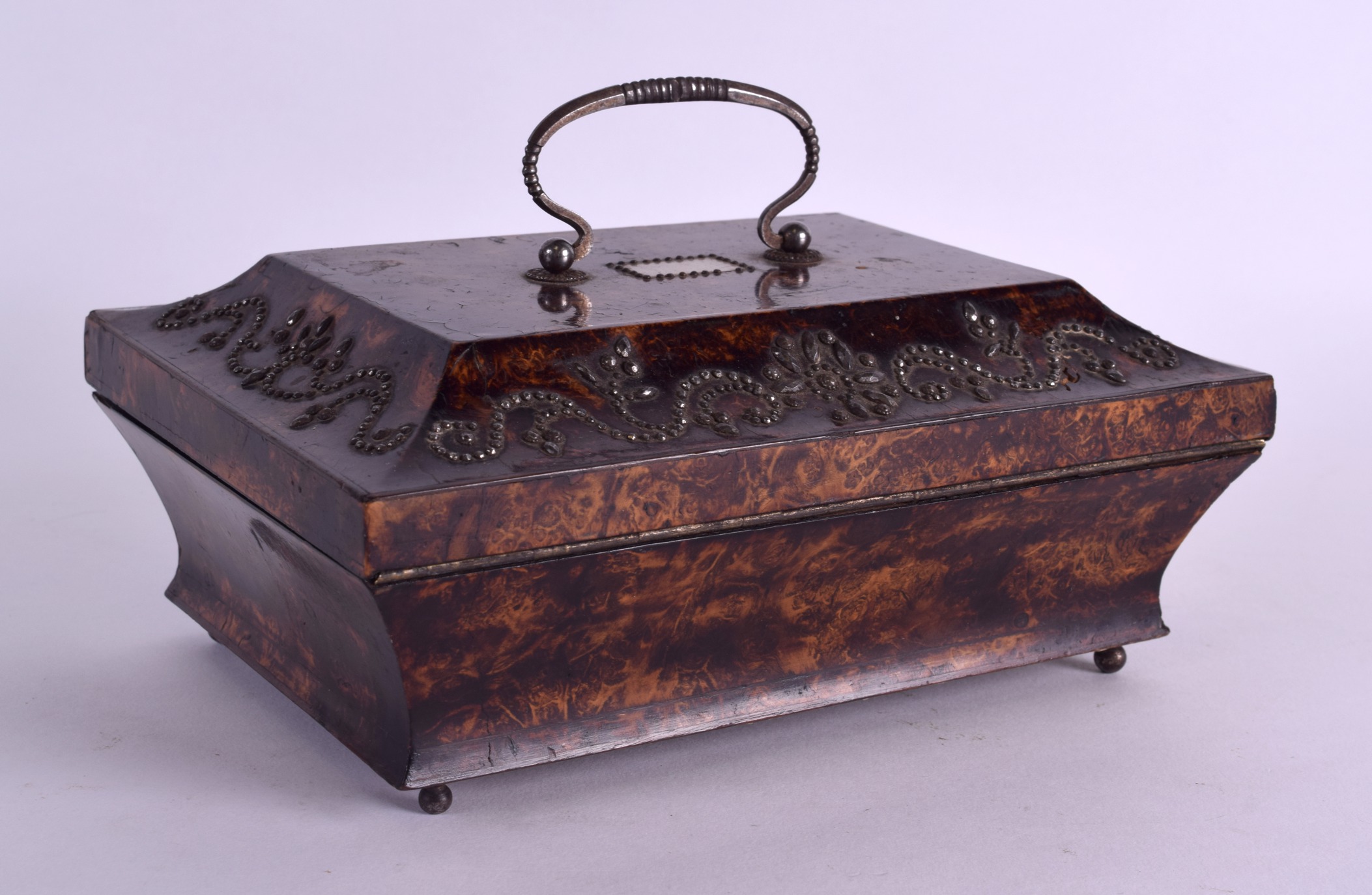 A LOVELY GEORGE III BURR WALNUT CUT STEEL WORK CASKET decorated with floral motifs and swirls. 19 cm - Image 2 of 4