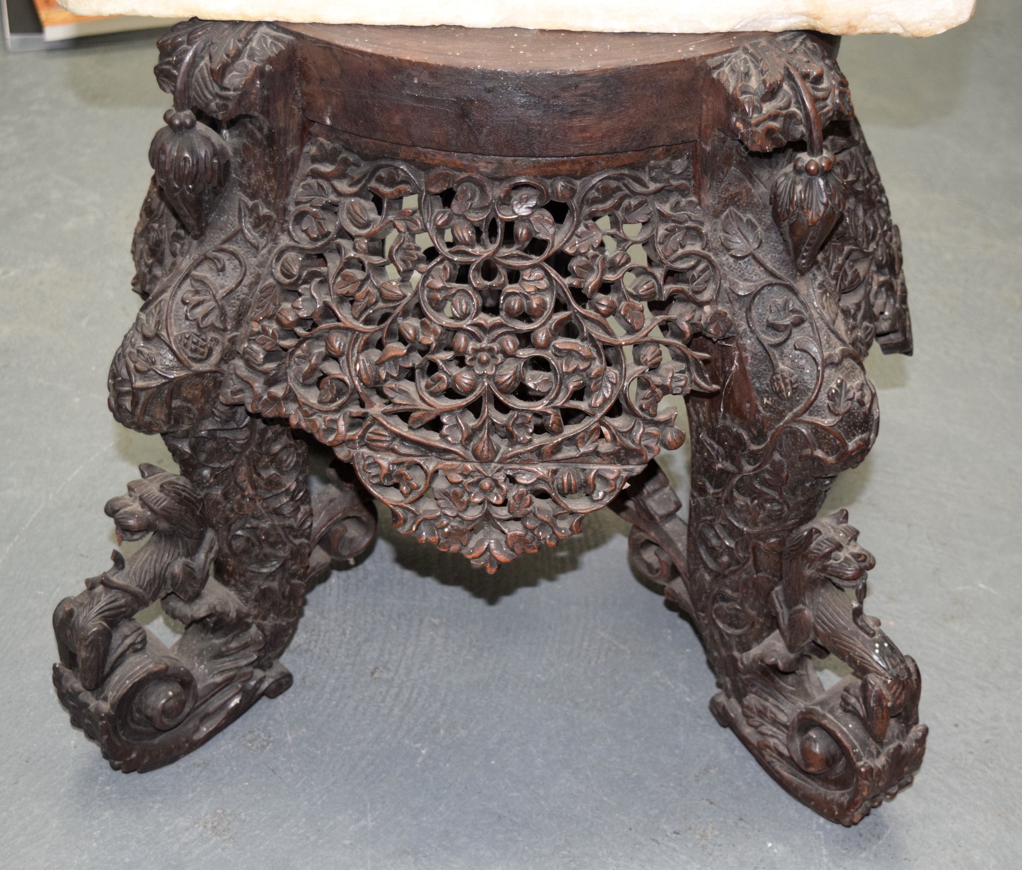 A MID 19TH CENTURY BURMESE CARVED SCROLLING HARDWOOD STAND. 45 cm x 45 cm. - Image 3 of 5