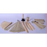 A COLLECTION OF EARLY 20TH CENTURY IVORY AND BONE OBJECTS, including European fan's, African