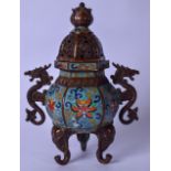 A 20TH CENTURY CHINESE BRONZE AND CLOISONNE ENAMEL TWIN HANDLED CENSE, decorated with foliage and