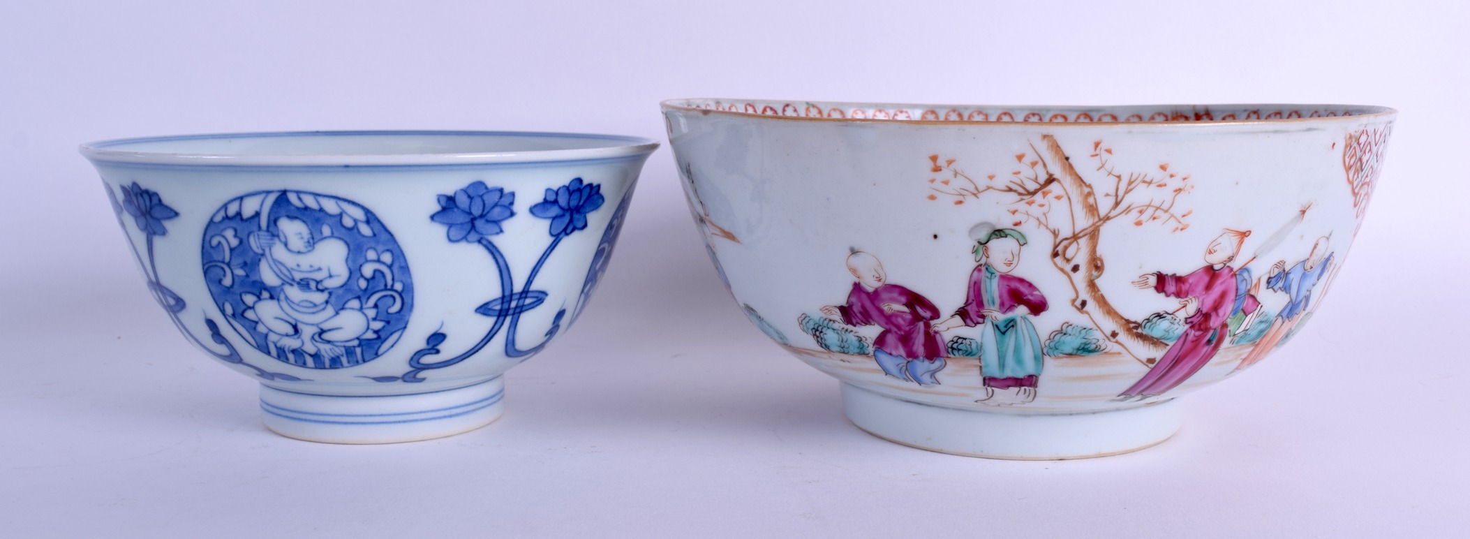 AN 18TH CENTURY CHINESE EXPORT FAMILLE ROSE PORCELAIN BOWL Qianlong, together with a blue and