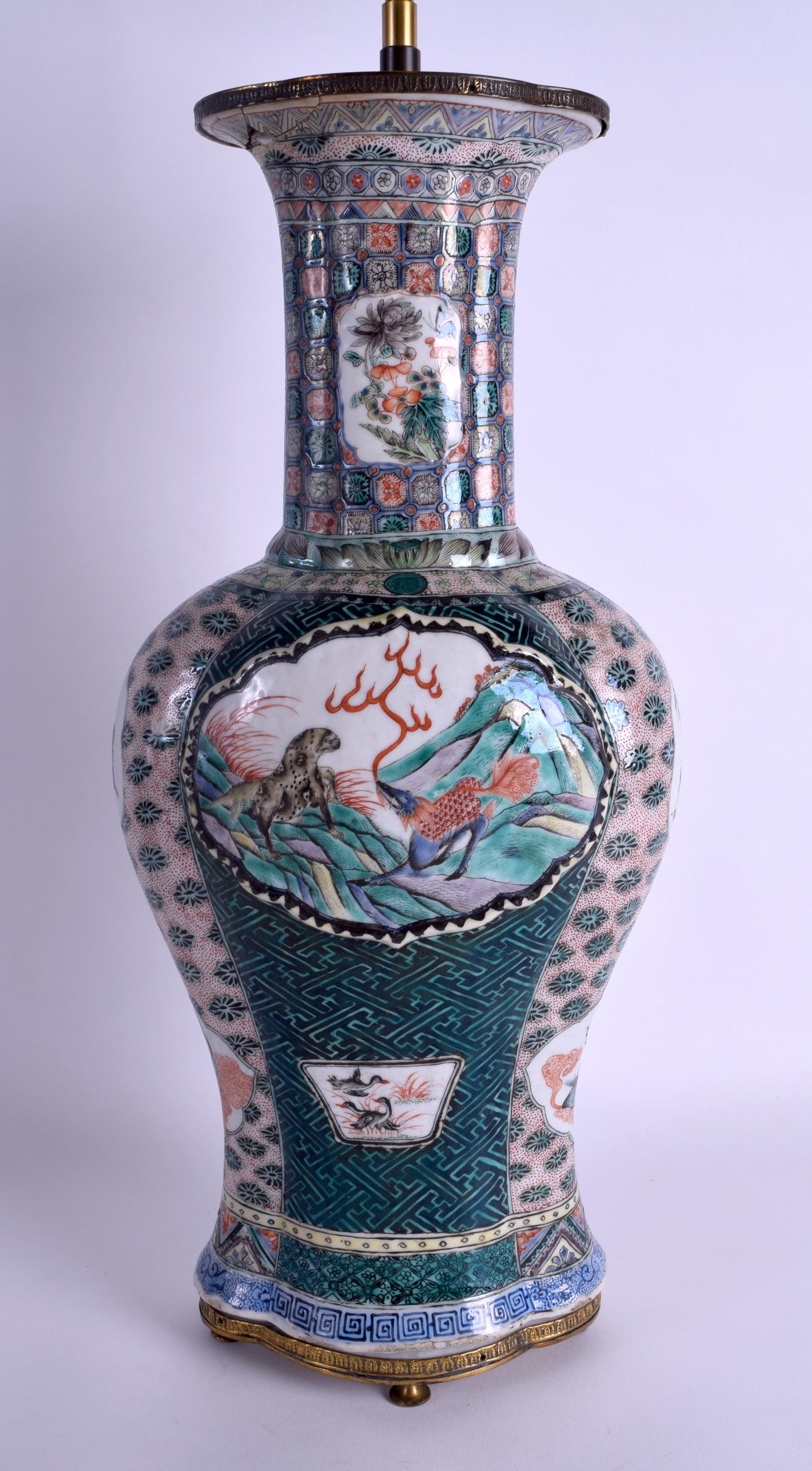 A FINE 19TH CENTURY CHINESE FAMILLE VERTE PORCELAIN VASE Qing, Kangxi style, converted to a lamp, - Image 2 of 3