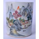 A CHINESE REPUBLICAN PERIOD PORCELAIN BRUSH POT, decorated with mountainous landscape scenery and