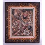 A 19TH CENTURY SOUTH EAST ASIAN OIL ON CANVAS painted with Buddhistic figures in various pursuits.