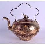 A LOVELY 17TH/18TH CENTURY MIDDLE EASTERN INDO PERSIAN BRASS AND COPPER TEAPOT AND COVER with bird