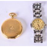 A GOLD COLOURED POCKET WATCH, together with a Ricardo chrome wristwatch. (2)