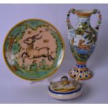 AN EARLY 20TH CENTURY MAJOLICA POTTERY FLASK, together with a vase and similar dish. Vase 28 cm. (