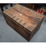 A 19TH CENTURY IRON BOUND TWIN HANDLED TEA CHEST, with inscription to top " H M Dick Cleland". 92 cm
