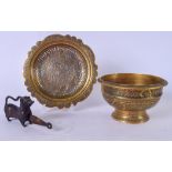 AN EARLY 20TH CENTURY ISLAMIC SILVER INLAID BRASS DISH, together with a 19th century pedestal bowl