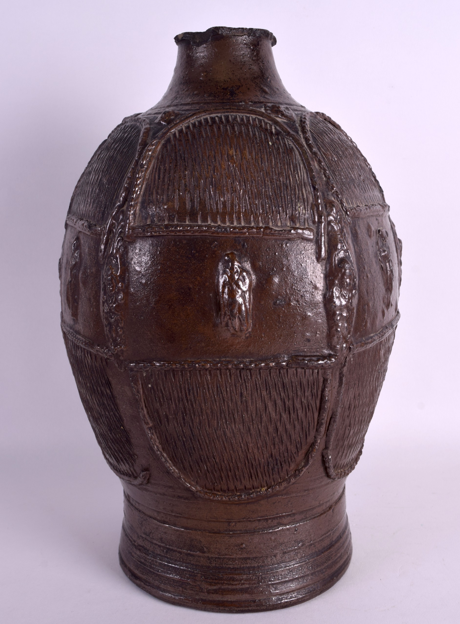 A LARGE AND RARE 17TH/18TH CENTURY GERMAN STONEWARE VESSEL decorated in relief with figures and - Image 2 of 4