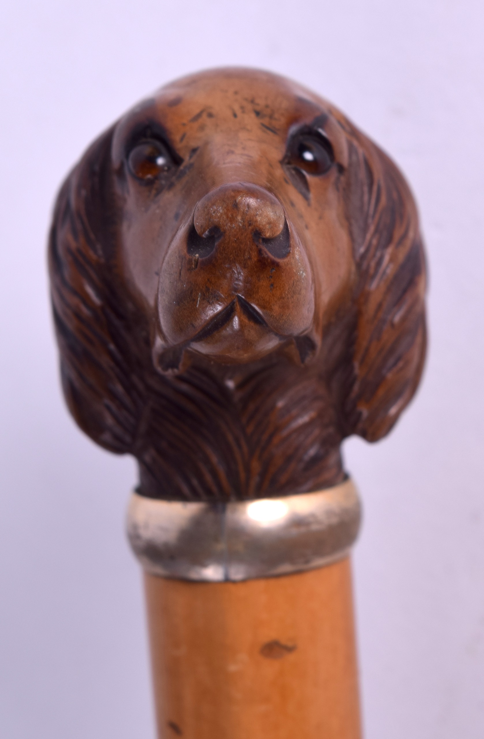 A LATE VICTORIAN CARVED WOOD DOG HEAD PARASOL with glass eyes and white metal rim. 82 cm long. - Image 2 of 5