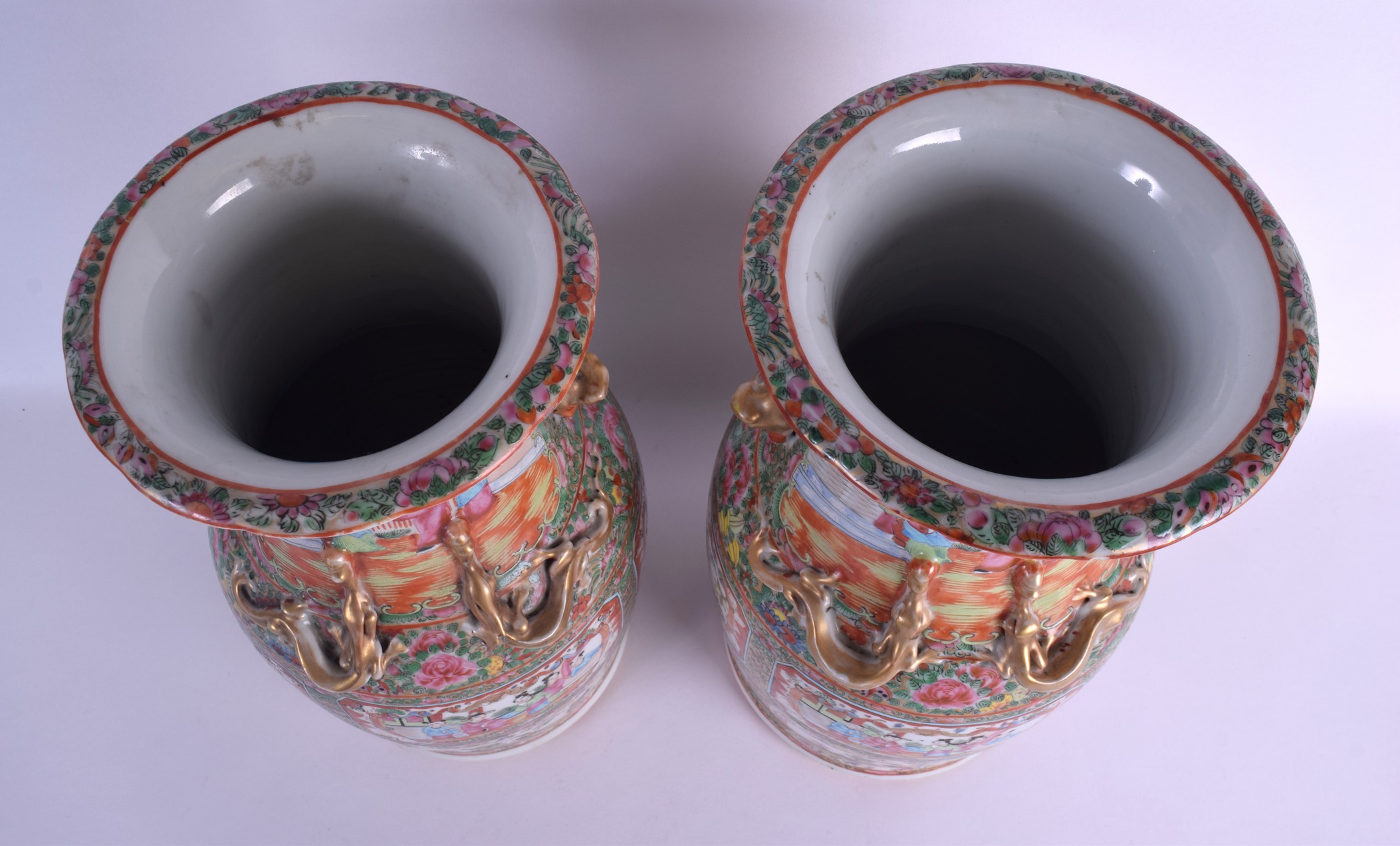 A LARGE PAIR OF 19TH CENTURY CHINESE CANTON FAMILLE ROSE VASES Qing, painted with figures and birds. - Image 3 of 4