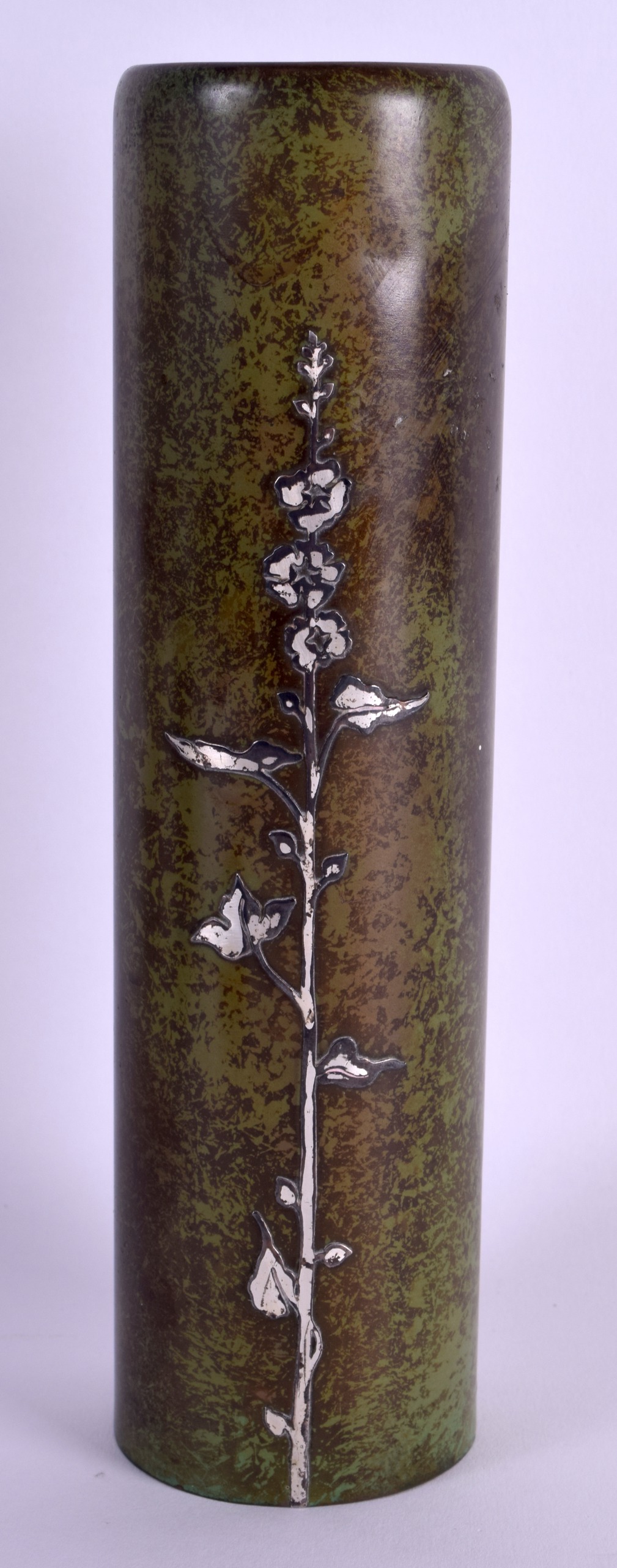 A STYLISH DANISH SILVER AND BRONZE CYLINDRICAL VASE decorated with flowers. 24 cm high.