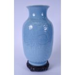 A LARGE CHINESE BLUE CELESTE PORCELAIN VASE BEARING QIANLONG MARKS, decorated with a five claw