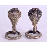 A RARE PAIR OF 19TH CENTURY INDIAN SILVER MENU HOLDERS in the form of coiled pythons. 5 cm high.