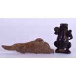 A JAPANESE TAISHO PERIOD BOXWOOD TOAD OKIMONO together with a carved hardstone archaic beast. (2)