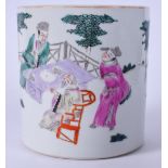 A LARGE 19TH CENTURY CHINESE PORCELAIN BRUSH POT, painted with figures in a garden in the