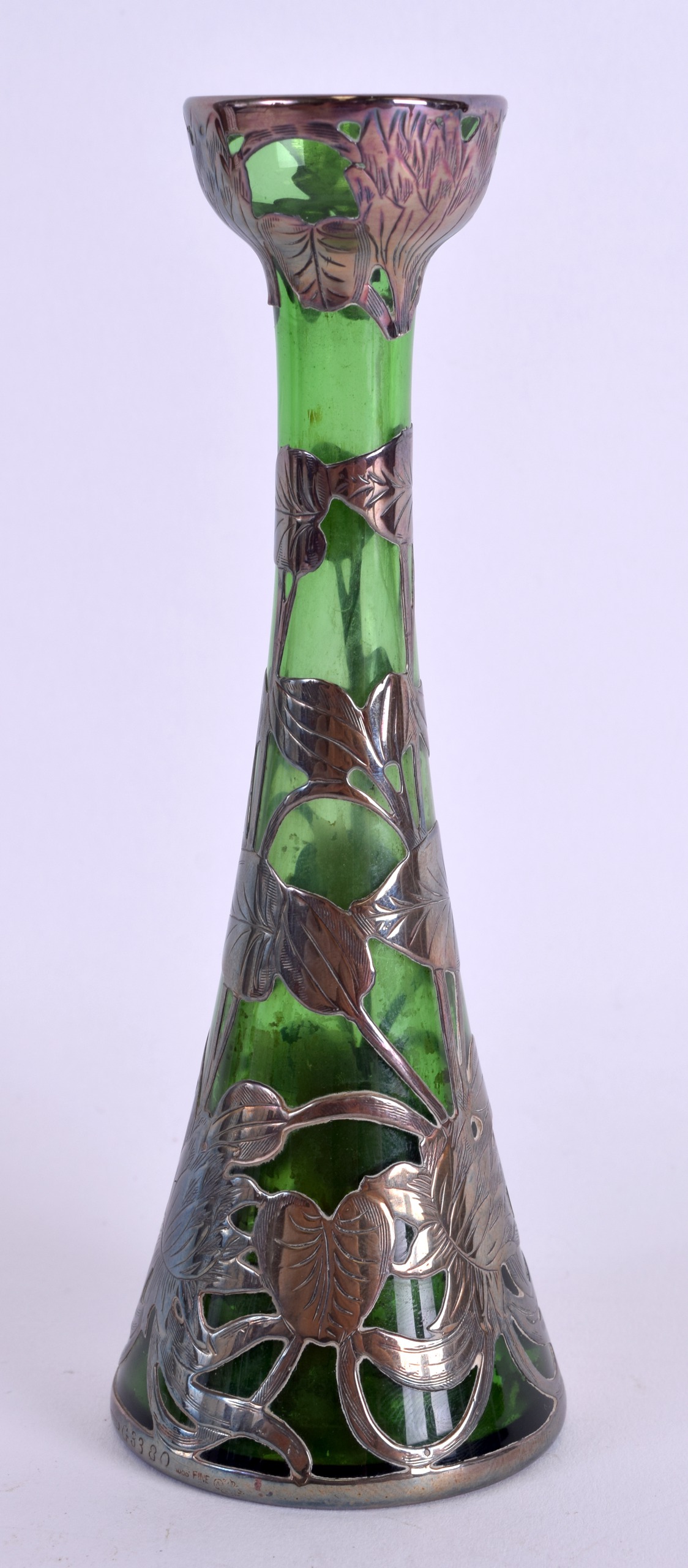 A LOVELY ART NOUVEAU SILVER OVERLAID GREEN GLASS VASE. 16 cm high. - Image 2 of 3