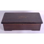 A 19TH CENTURY SWISS ROSEWOOD CASED MUSICAL BOX playing eight airs. Case 40 cm, cylinder 15.5 cm