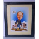 A FRAMED CARICATURE, depicting a male holding Sainsbury's shopping bags, signed "Jasper". 48 cm x 28
