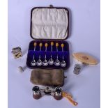 A CASED SET OF COFFEE BEAN SPOONS, together with white metal thimble etc. (qty)