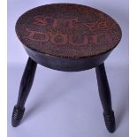 AN UNSUAL SCOTTISH WOODEN STOOL, bearing inscription to underside. 34 cm high.