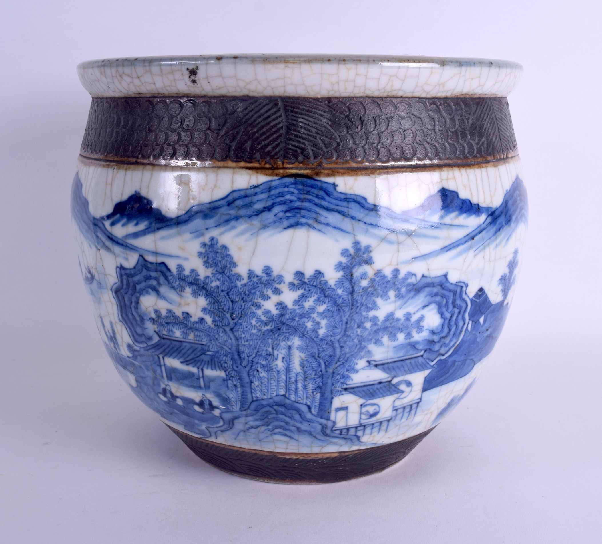 A 19TH CENTURY CHINESE CRACKLE GLAZED PORCELAIN PLANTER painted with landscapes. 24 cm x 24 cm.