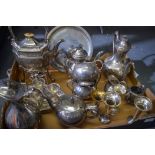 A QUANTITY OF SILVER PLATE, including kettle on stand, platter etc. (qty)