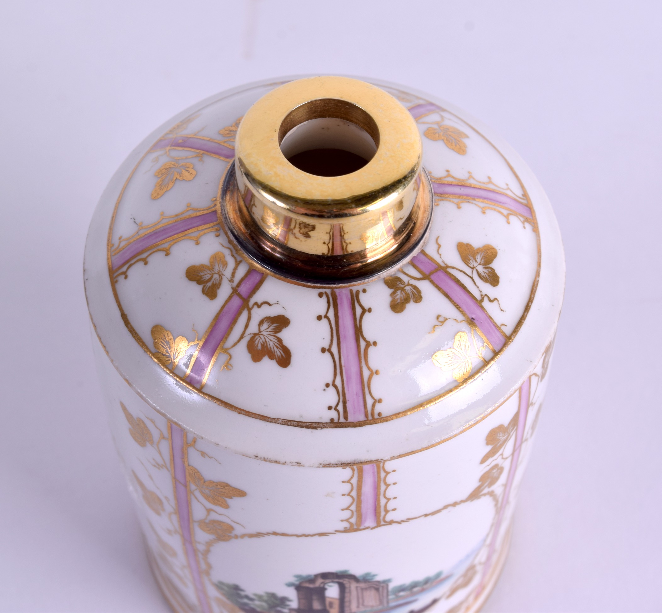 AN 18TH CENTURY GERMAN PORCELAIN TEA CANISTER with silver cover, painted with towns in the Meissen - Image 3 of 4