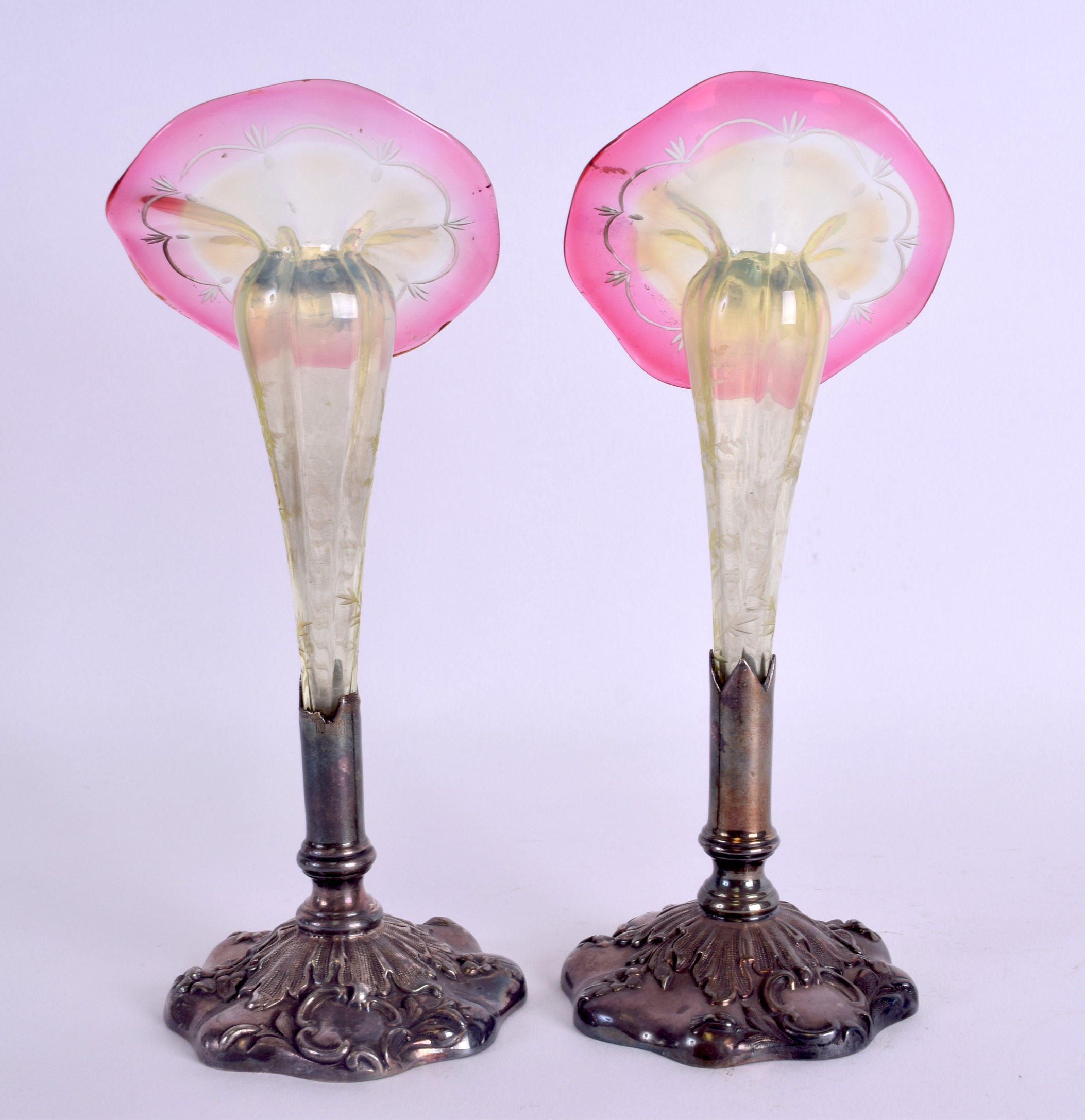 A LOVELY PAIR OF LATE VICTORIAN GLASS POSY VASES in the manner of Webb, set within embossed silver - Image 2 of 4