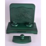 AN UNUSUAL EARLY 20TH CENTURY JAPANESE TAISHO PERIOD GREEN LACQUER DESK STAND decorated with an