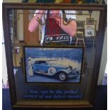 A VINTAGE ROLLS ROYCE ADVERTISING MIRROR, depicting a lady stood beside a Silver Ghost. 58 cm x 48