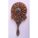 AN 18TH/19TH CENTURY CHINESE TIBETAN CORAL AND TURQUOISE HAND MIRROR decorated with open work