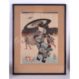 A SET OF THREE 19TH CENTURY JAPANESE MEIJI PERIOD WOODBLOCK PRINTS. Each image 26 cm x 36 cm. (3)