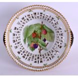 20th c. Royal Copenhagen Flora Danica flower encrusted pierced two handled basket painted with