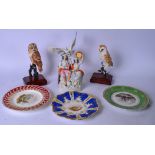 THREE PORCELAIN OWL FIGURINES, together with a Staffordshire group, Davenport dish and two