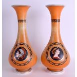A PAIR OF LATE 19TH CENTURY CONTINENTAL OPALINE GLASS VASES decorated with Roman portraits. 35 cm