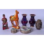 A PAIR OF CHINESE FLAMBE GLAZED PORCELAIN VASES, together with a wooden figure etc. (7)