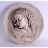 A GOOD LATE 19TH CENTURY CARVED EUROPEAN MARBLE CIRCULAR PLAQUE depicting a pretty girl holding a