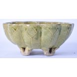 AN EARLY 20TH CENTURY JAPANESE GREEN GLAZED POTTERY LOBED BOWL, formed on four naturalistic legs. 16