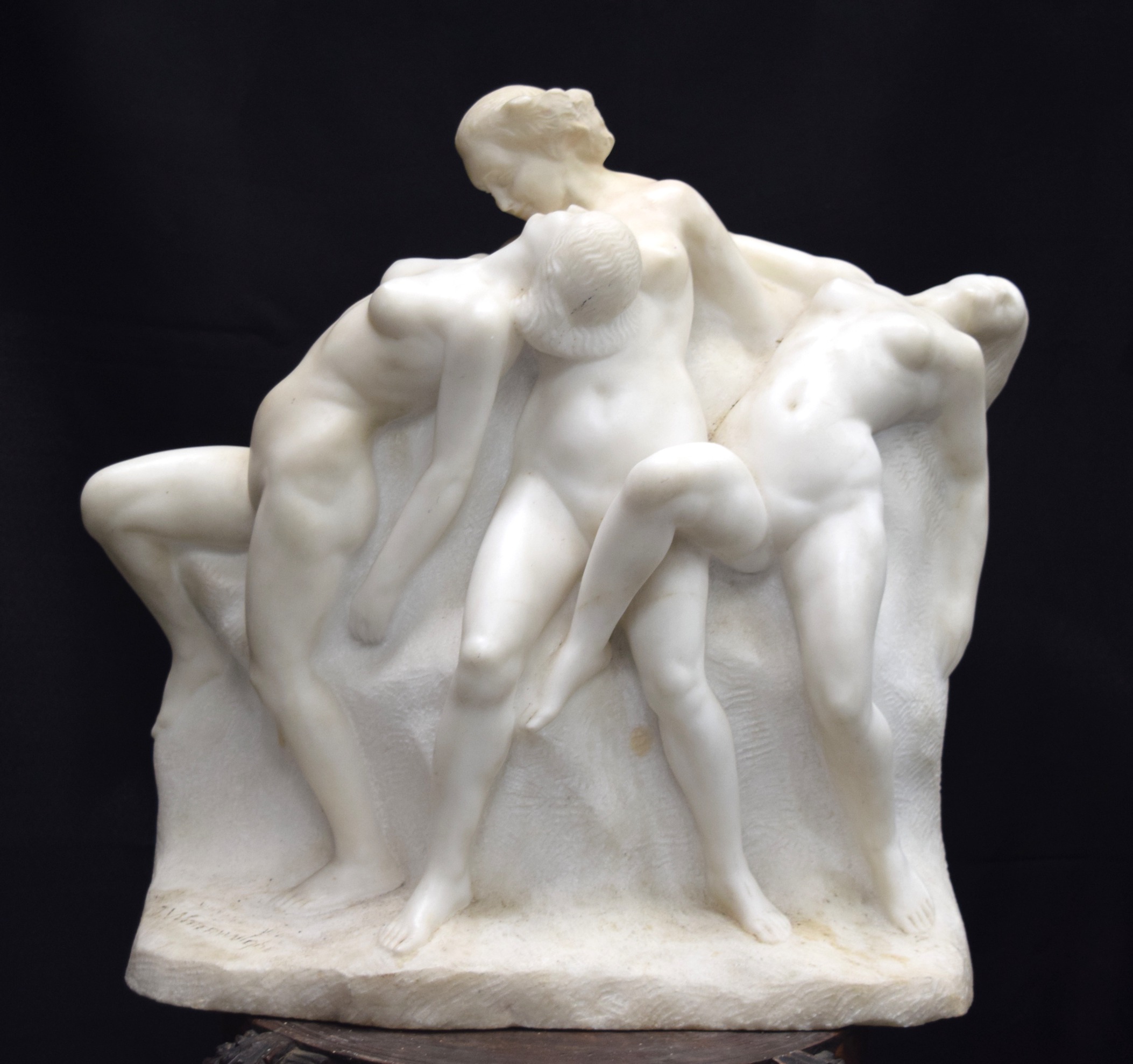 A LARGE ART NOUVEAU BELGIAN CARVED MARBLE FIGURAL GROUP by Joseph Witterwulghe (1883-1967), formed