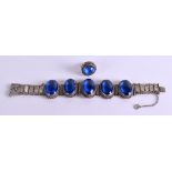 A CHINESE SILVER AND BLUE STONE BRACELET with matching ring. Bracelet 18 cm long. (2)