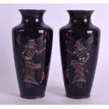 A RARE PAIR OF EARLY 20TH CENTURY JAPANESE MEIJI PERIOD CLOISONNE ENAMEL VASES decorated with
