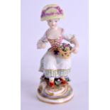 A 19TH CENTURY DERBY FIGURE OF A SEATED GIRL modelled holding a basket of flowers. 12 cm high.