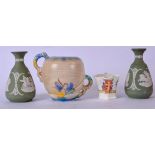 A PAIR OF GREEN WEDGWOOD POTTERY VASES, together with a Carltonware twin handled vessel and a