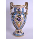 A JAPANESE NORITAKE TWIN HANDLED PORCELAIN VASE painted with floral sprays. 32 cm x 15 cm.