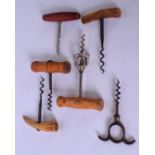 A GROUP OF SIX VINTAGE CORKSCREWS, including two bone handled. (6)